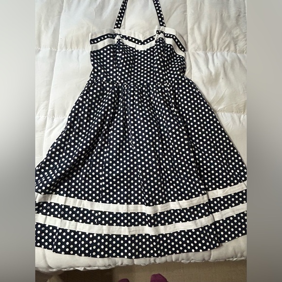 Navy Blue White Polka Dot Halter dress, Bea & Dot by Modcloth, Size L - Picture 1 of 9